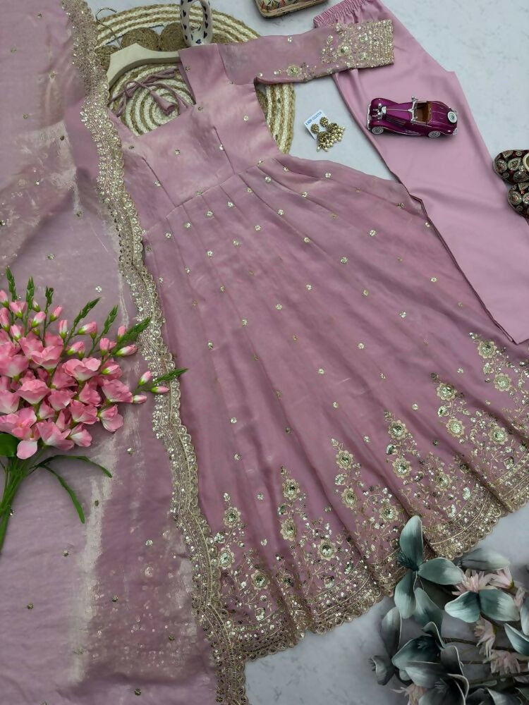 Teeya Creation Womens New Latest Trendy Elegant Baby Pink Embroidered Anarkali Suit Set with Scalloped Dupatta | Grocsy