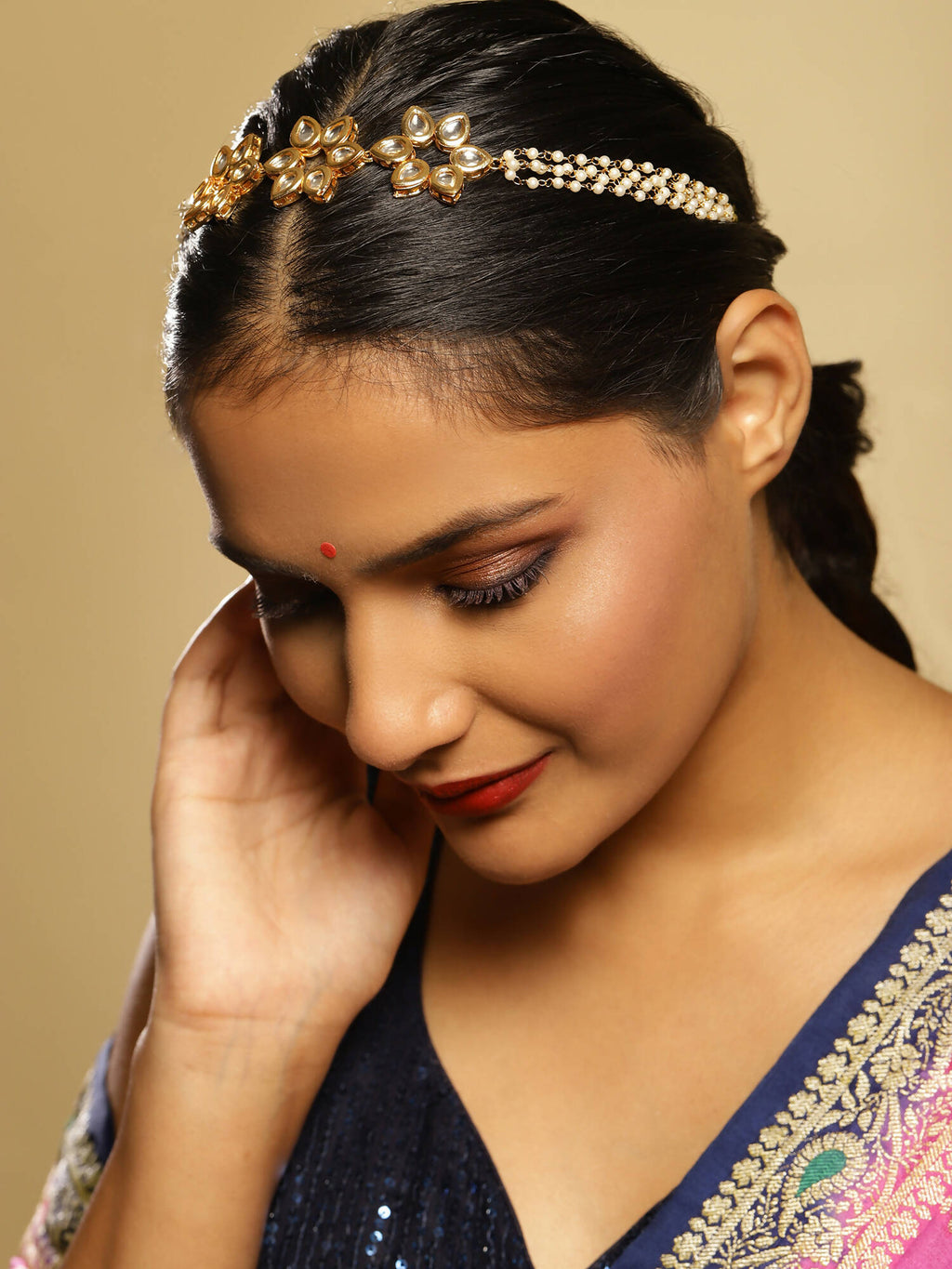 Gold-Polished White Kundan-Studded Pearl Beaded Hair Band - Ruby Raang | Grocsy
