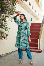 Vaasva Women Teal Muslin Tucks Kurta & Pant Set | Grocsy