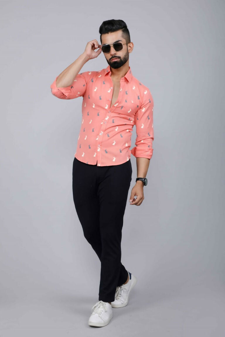 Miravan Men's Peach Spread Collar Animal Print Partywear Shirt | Grocsy