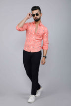 Miravan Men's Peach Spread Collar Animal Print Partywear Shirt | Grocsy