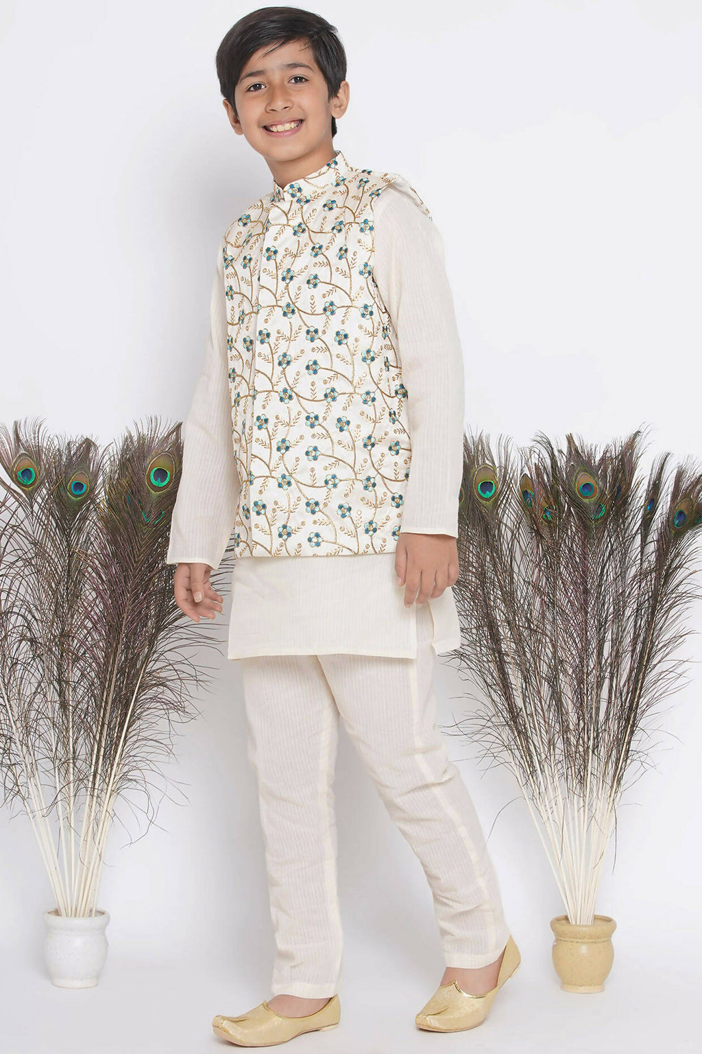 Little Bansi Banarsi Silk Blue Floral Embroidery Jacket with Cotton Kantha kurta and Kantha Pyjama - Cream | Grocsy