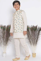 Little Bansi Banarsi Silk Blue Floral Embroidery Jacket with Cotton Kantha kurta and Kantha Pyjama - Cream | Grocsy