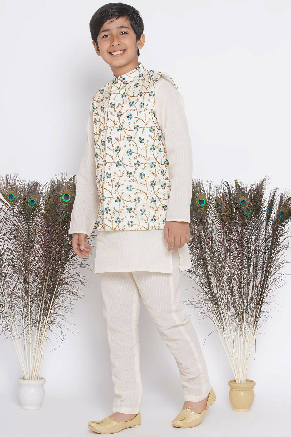 Little Bansi Banarsi Silk Blue Floral Embroidery Jacket with Cotton Kantha kurta and Kantha Pyjama - Cream | Grocsy