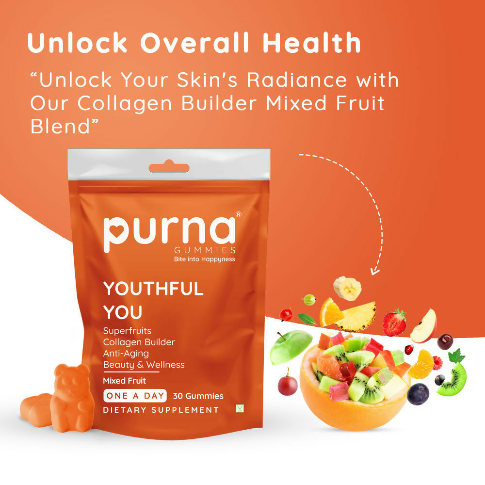 Purna Gummies Superfruits Collagen Mixed Fruit Flavour Gummies for Hair and Skin | Grocsy