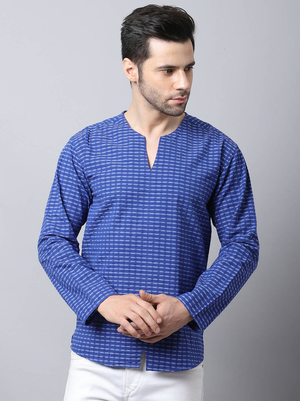 Even Apparels Blue Pure Cotton Round Neck Slit Men's Kurta | Grocsy