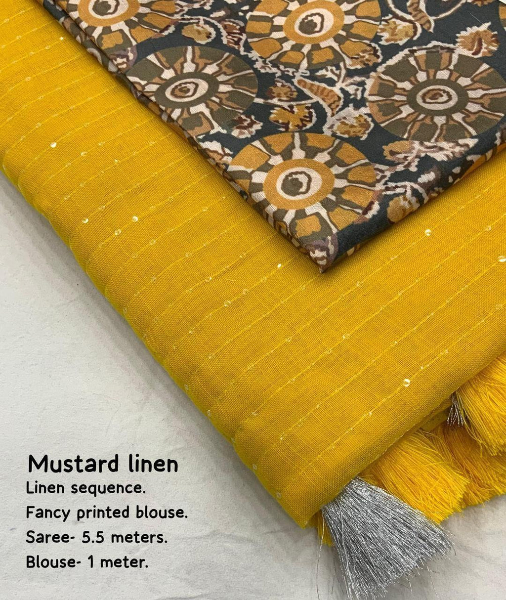 Mustard Linen Sequence Saree with Unstitched Blouse - Hiral Fashion | Grocsy