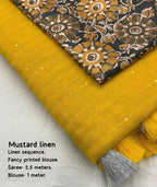 Mustard Linen Sequence Saree with Unstitched Blouse - Hiral Fashion | Grocsy