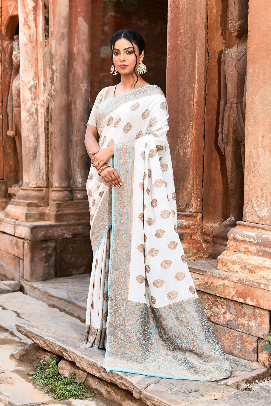 Joban Fashion Light Sky Blue Crepe Chiffon Pure Handloom Banarasi Silk Saree | Grocsy