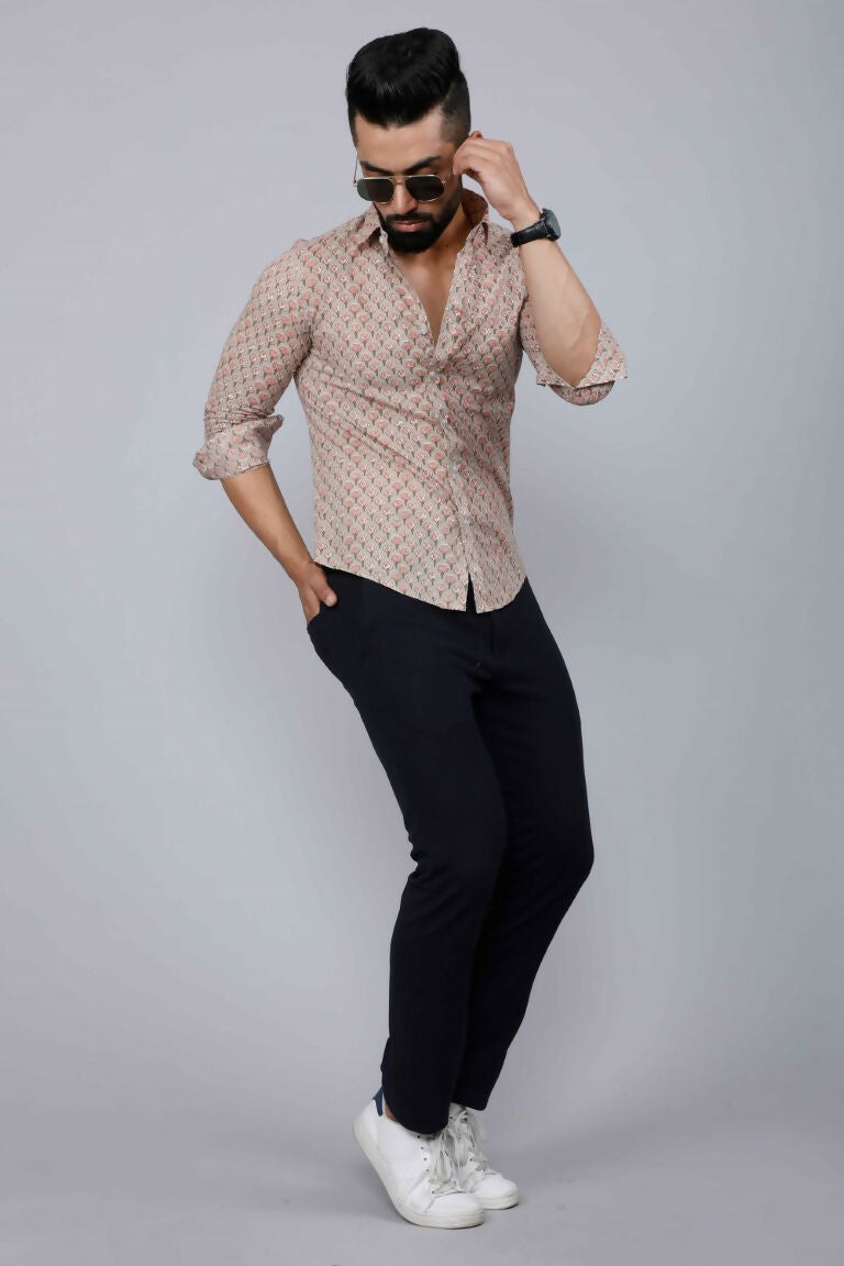 Miravan Men's Beige Pure Cotton Handblock Floral Print Shirt | Grocsy