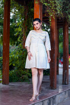 Aayaa Designer Multi Thread Hand Work Khadi Cotton One Piece Dress - Off White | Grocsy