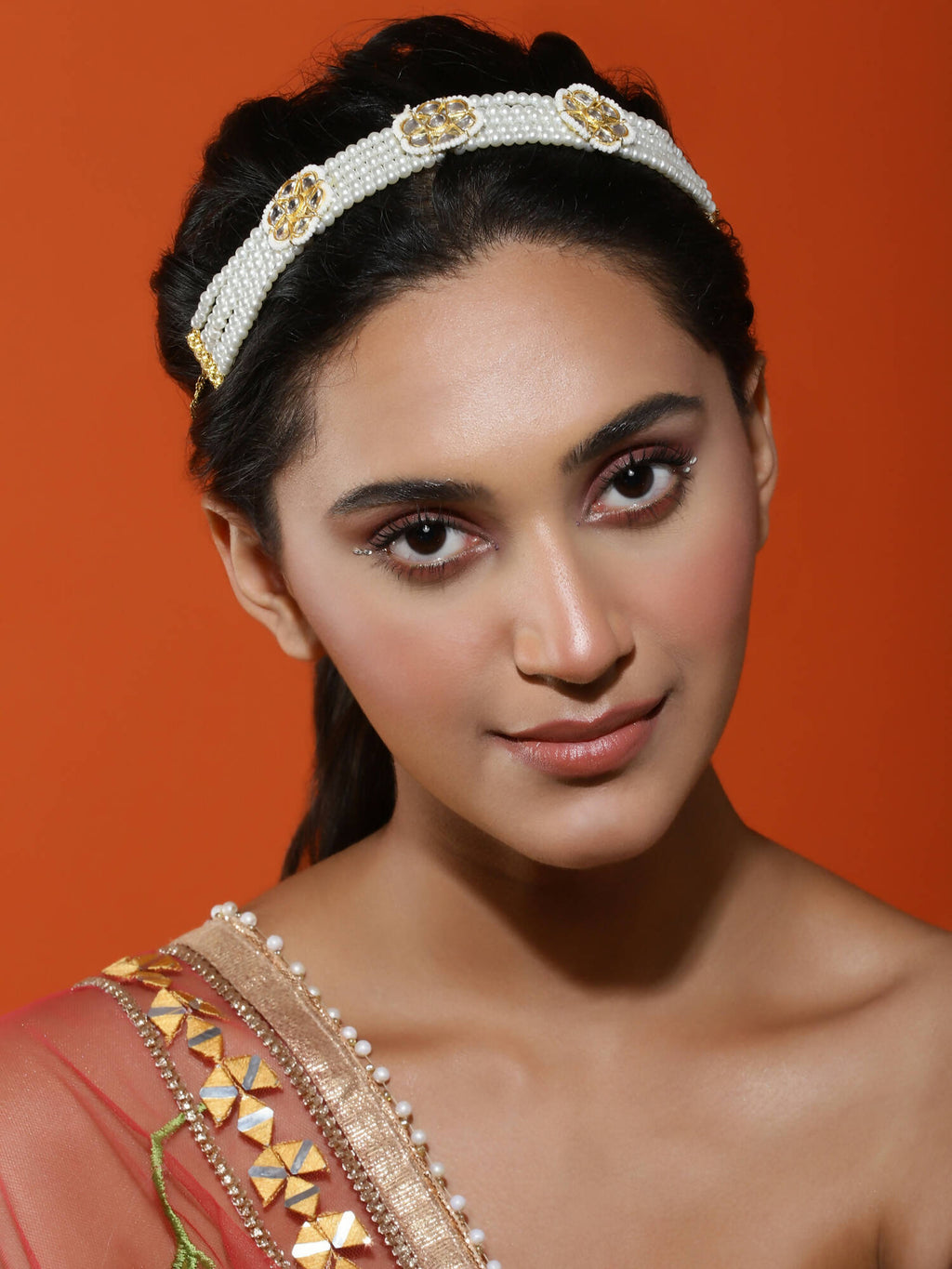 Gold-Polished White Kundan Studded Headband - Ruby Raang | Grocsy
