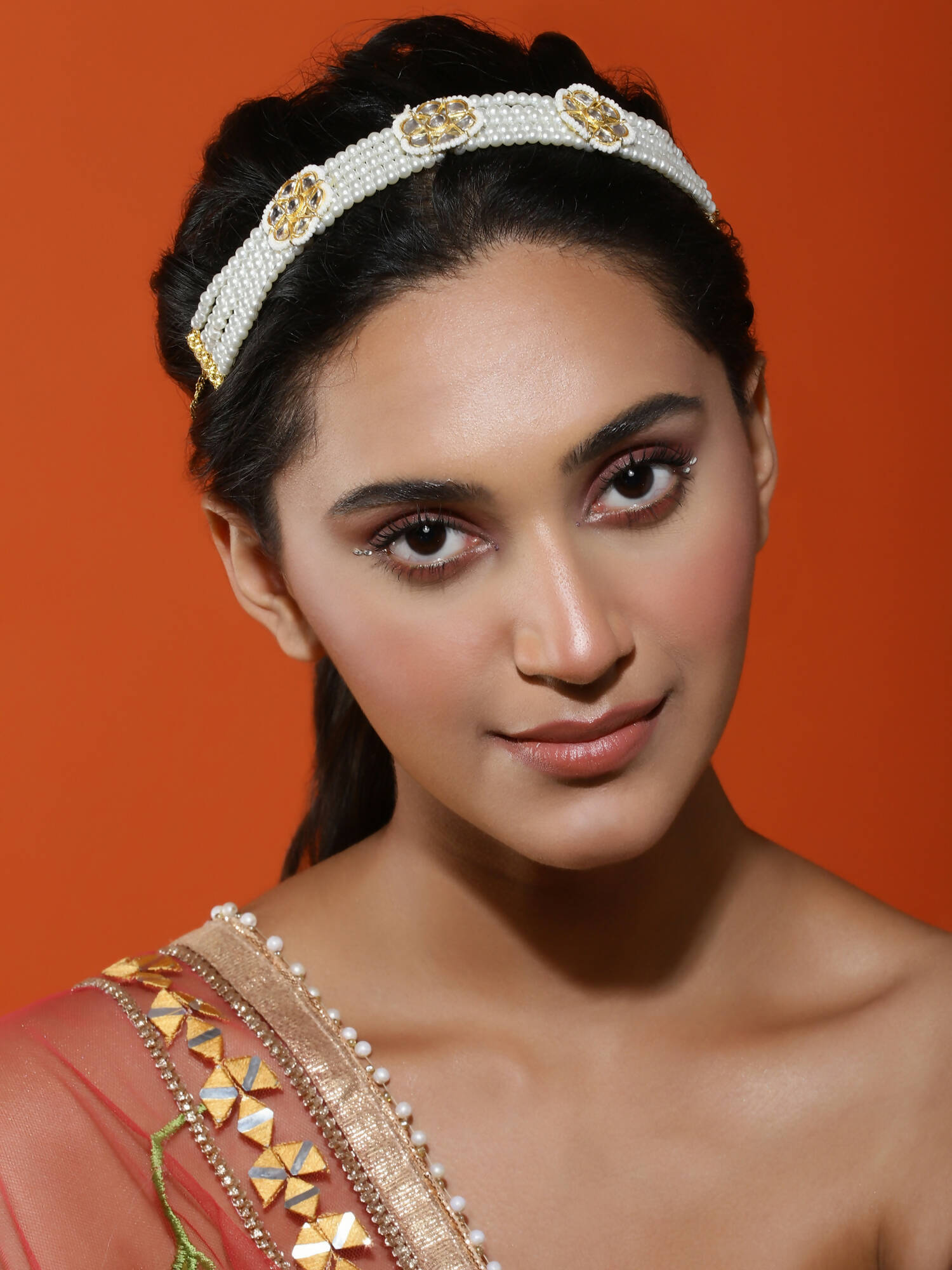 Gold-Polished White Kundan Studded Headband - Ruby Raang | Grocsy
