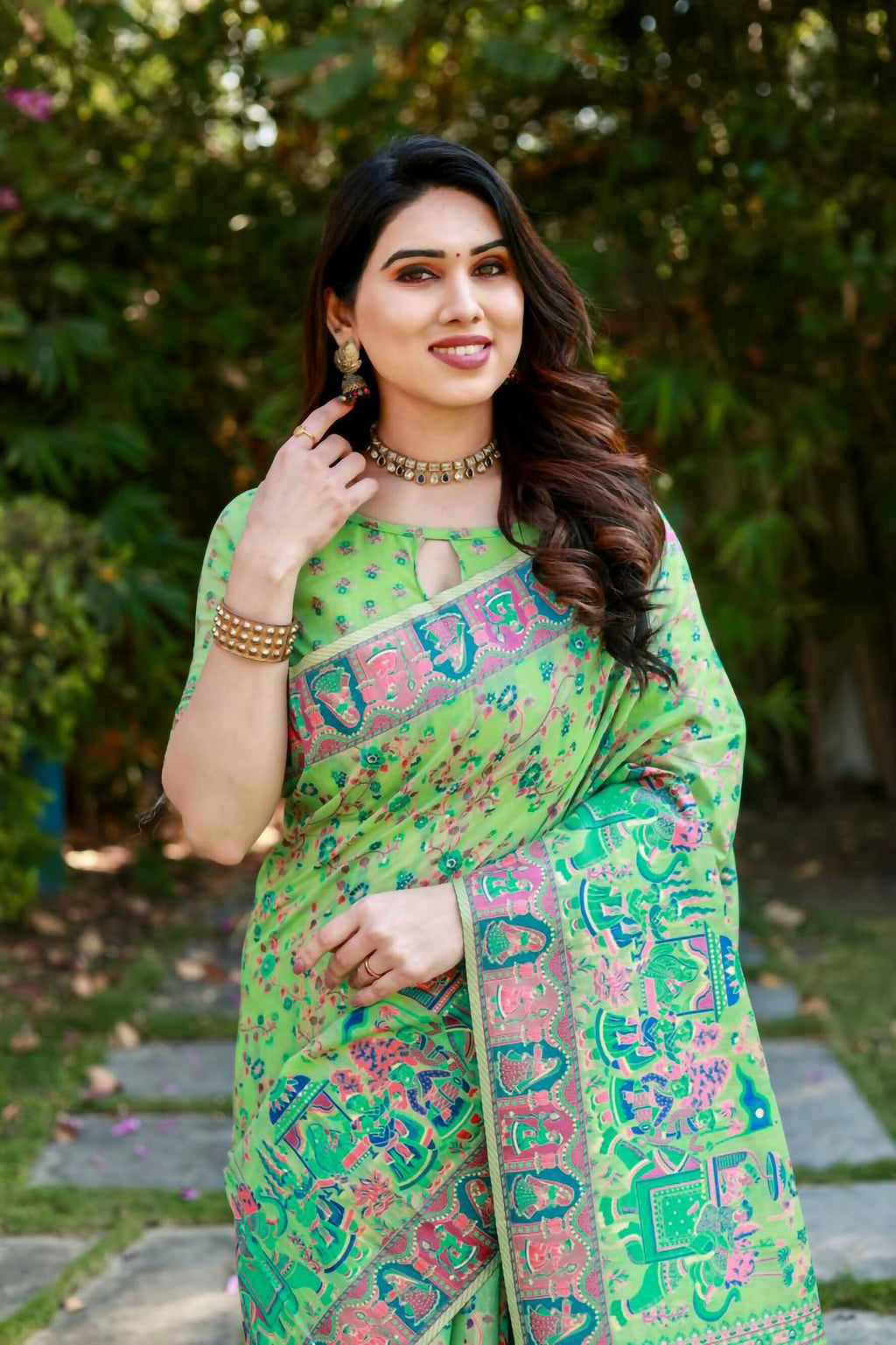 Vastranavya Luxury and Beautiful Soft, Smooth, Flowing Original Pashmina Soft Cotton Saree with Matching Blouse Fabric - Pista | Grocsy