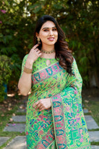 Vastranavya Luxury and Beautiful Soft, Smooth, Flowing Original Pashmina Soft Cotton Saree with Matching Blouse Fabric - Pista | Grocsy