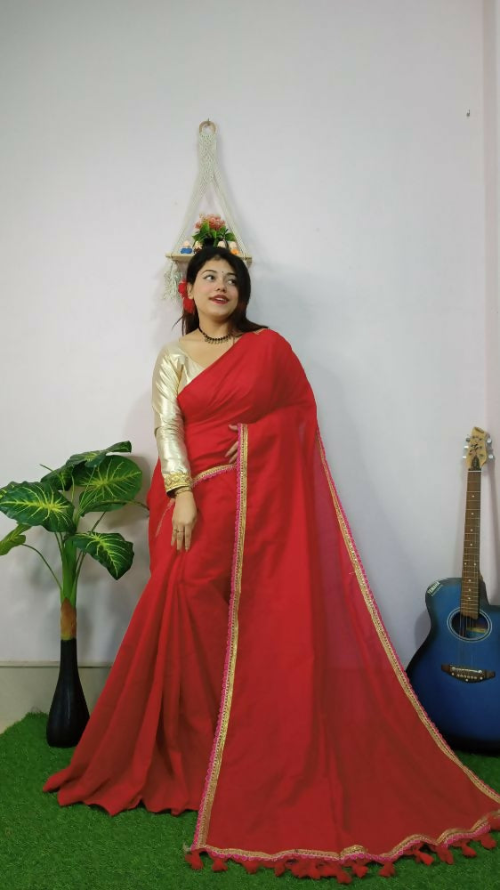 Exclusive Collection Beautiful Khadi Cotton Handloom Saree With Beautiful Zari Border - Red | Grocsy