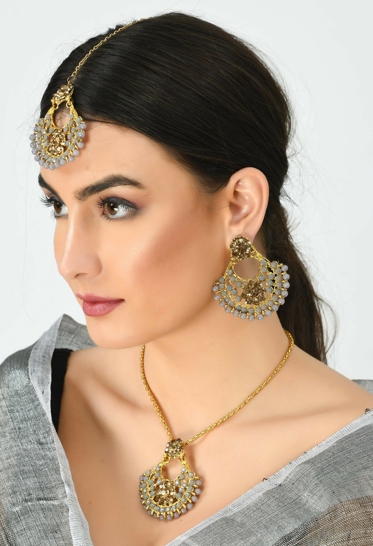 Mominos Fashion Johar Kamal Gold-Polished Brass Finish Long Necklace For Women (Golden/Grey) | Grocsy