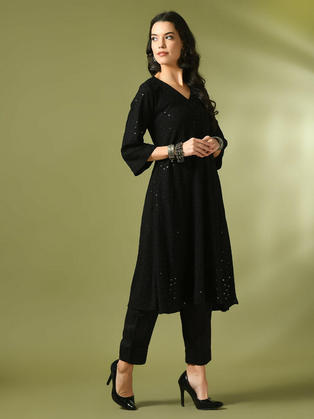 Myshka Women's Black Embroidered Cotton A-Line Party Kurta Set | Grocsy