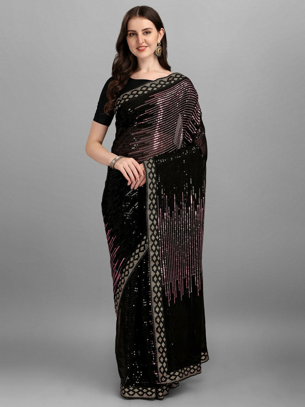 Vegaa Fashion Black Georgette Embroidered Party Wear Saree | Grocsy