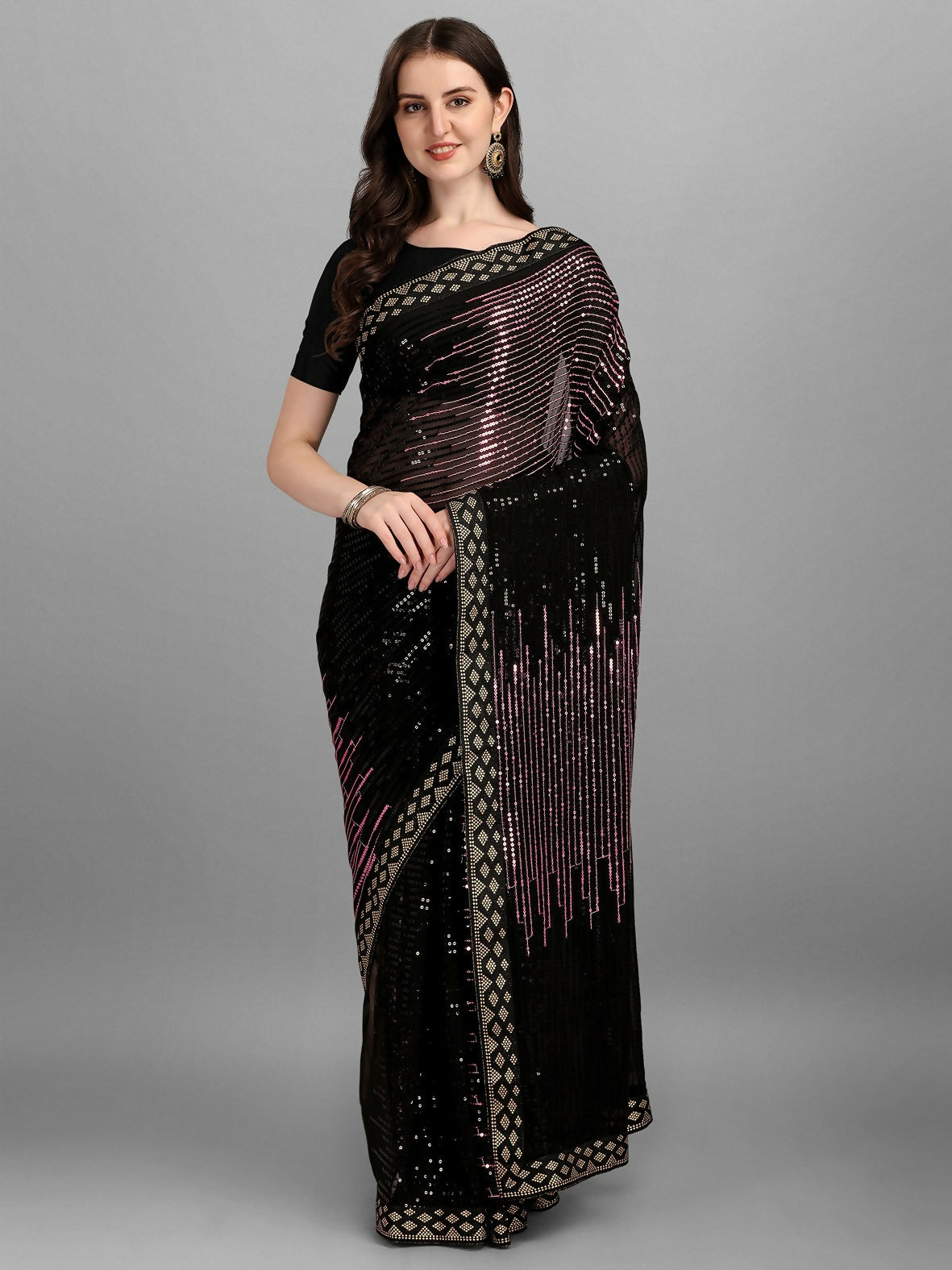 Vegaa Fashion Black Georgette Embroidered Party Wear Saree | Grocsy