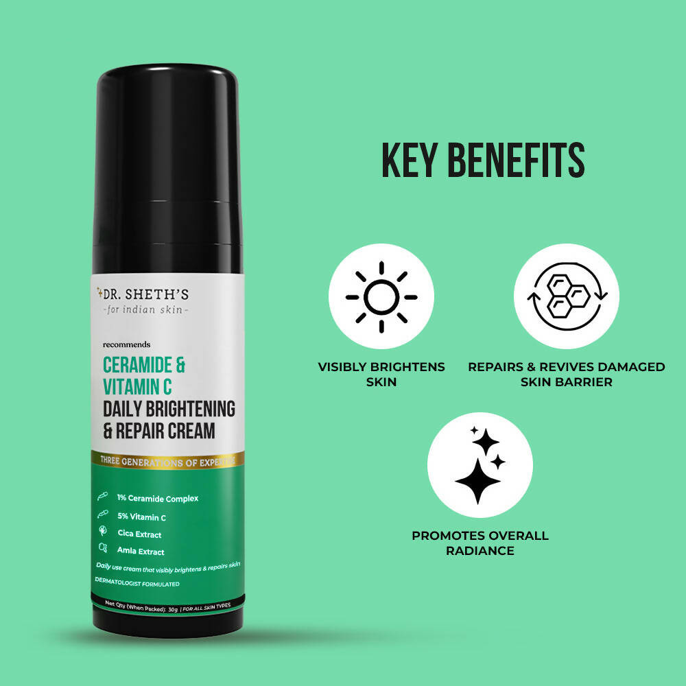 Dr. Sheth's Ceramide & Vitamin C Daily Brightening & Repair Face Cream With 5% Vitamin C, Cica & Amla, Brightens & Repairs Skin - Limited Time Offer | Grocsy