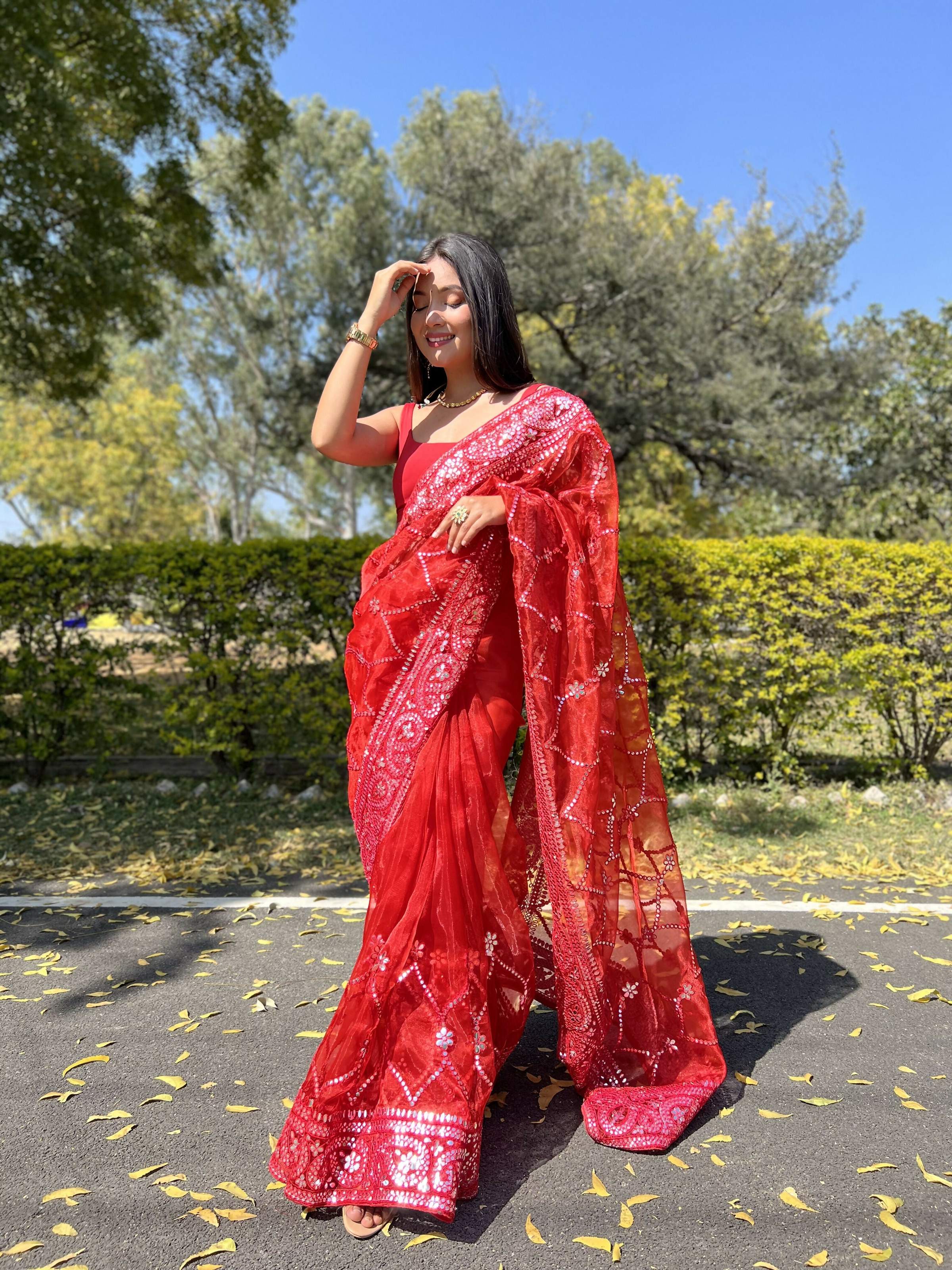 Vamsee Naina Red Organza Saree | Grocsy