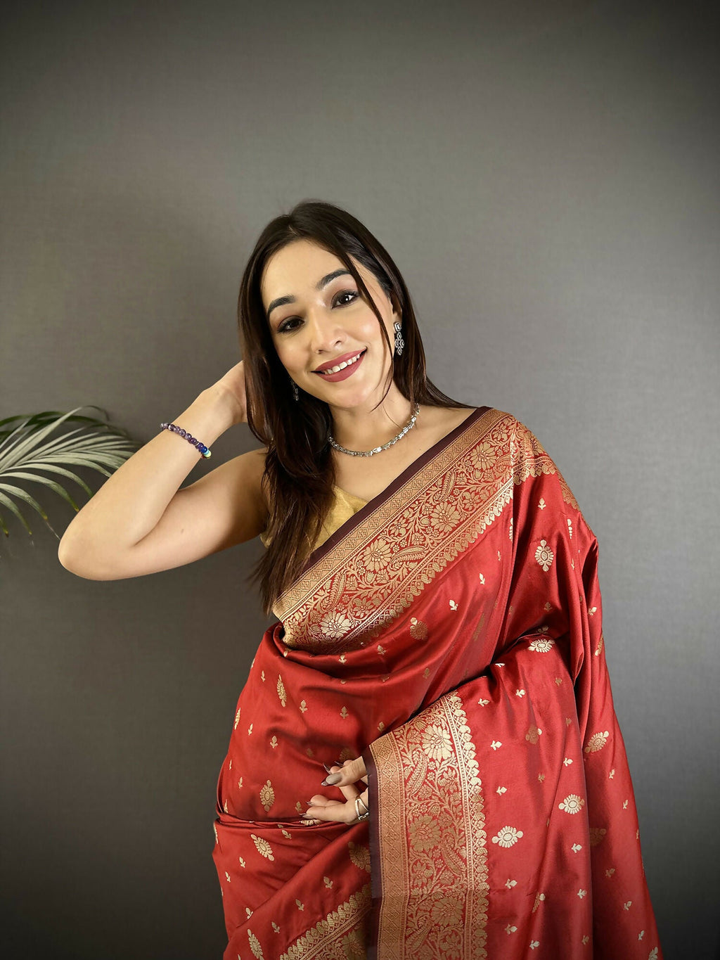 Joban Fashion Red Zari Weaving Motif Lichi Silk Banarasi Silk Saree | Grocsy