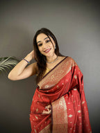 Joban Fashion Red Zari Weaving Motif Lichi Silk Banarasi Silk Saree | Grocsy
