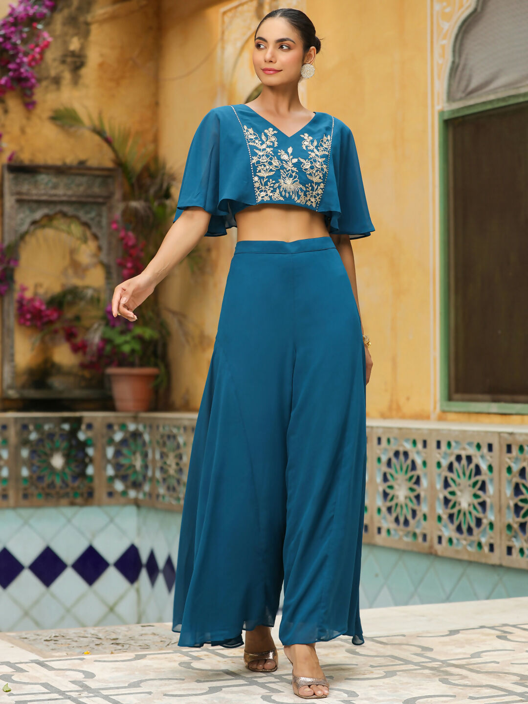 Janasya Teal Blue Georgette Yoke Embroidery Co-Ords | Grocsy