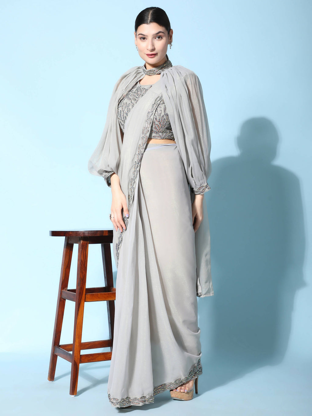 Grey Fancy Pure Fabric Plain Ready to wear Saree with stitched Blouse - Vrinda | Grocsy