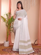 Shree Shyam Fashion The White Loom White Linen Cotton Saree | Grocsy