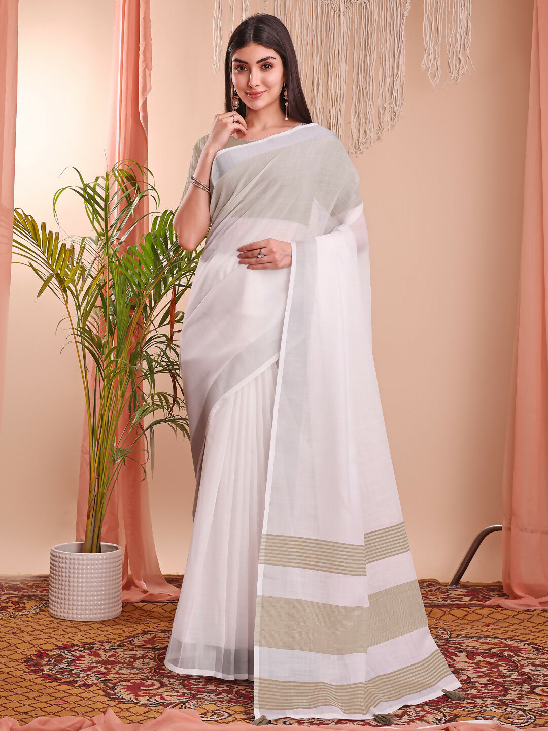 Shree Shyam Fashion The White Loom White Linen Cotton Saree | Grocsy