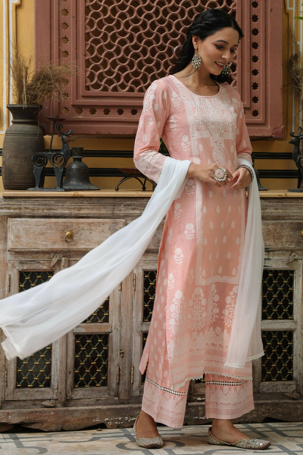 Juniper Women's Peach Printed Straight Kurta Sets | Grocsy