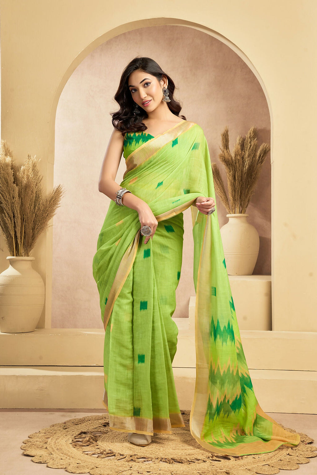Vastranavya Mint Green Digital Printed Linen Ready To Wear Pocket Saree with Unstitched Blouse | Grocsy