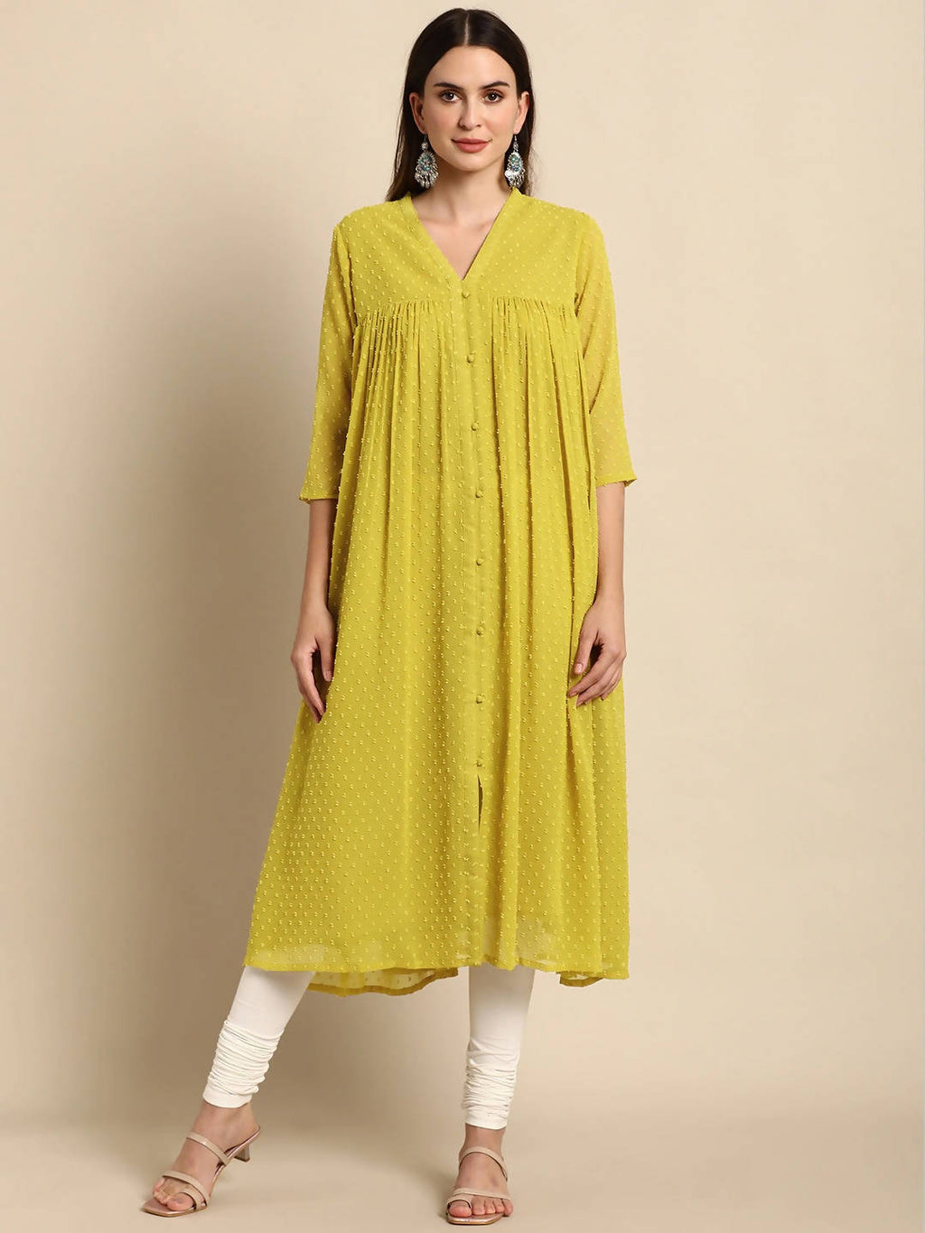 Janasya Women Mustard Yellow Dobby Weave Poly Chiffon Kurta | Grocsy