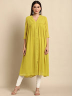 Janasya Women Mustard Yellow Dobby Weave Poly Chiffon Kurta | Grocsy