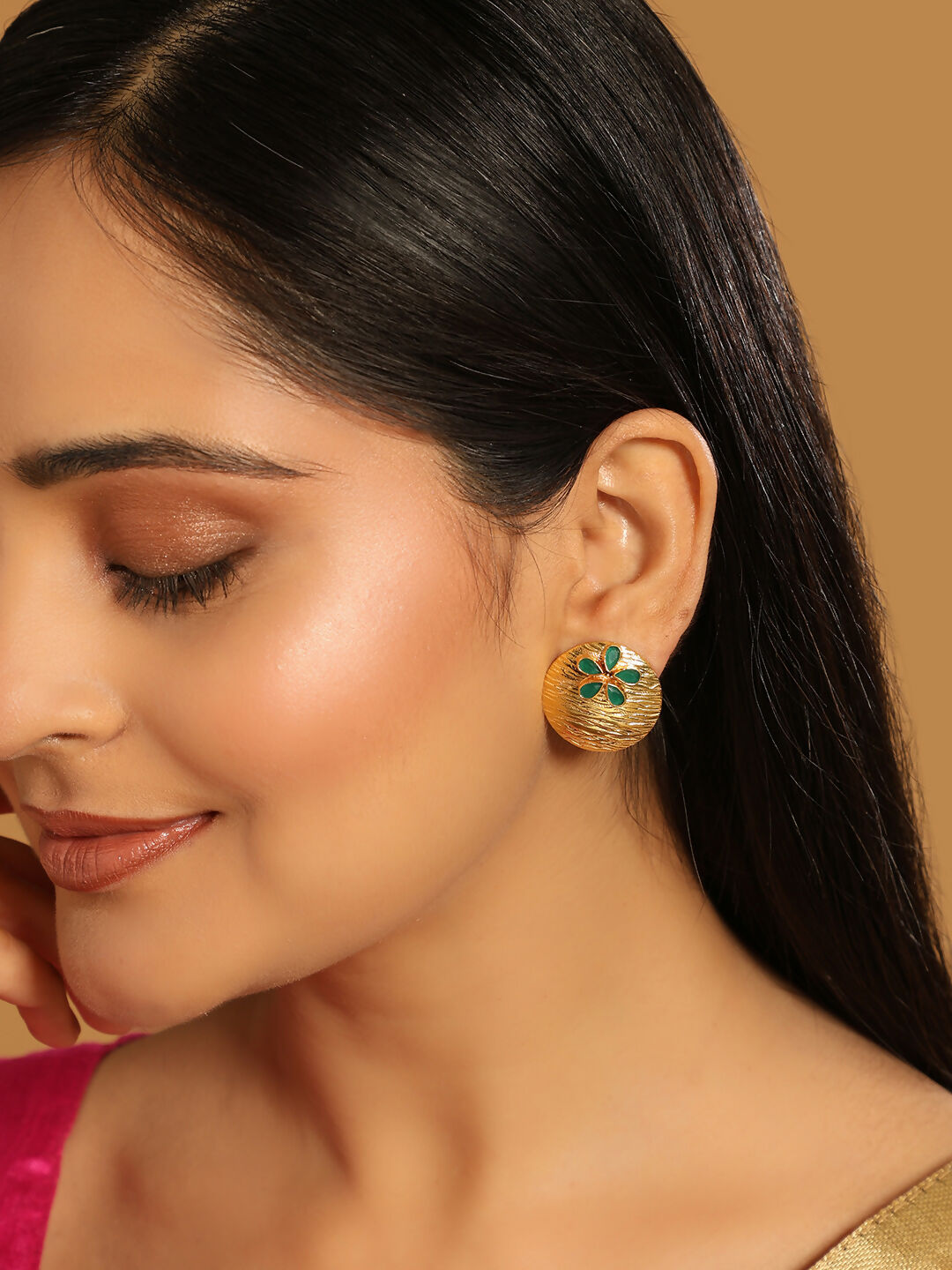 Nuyug 22K Gold-Plated Faux Emerald Stones Studded Circular Floral Shaped Motif Studs | Grocsy