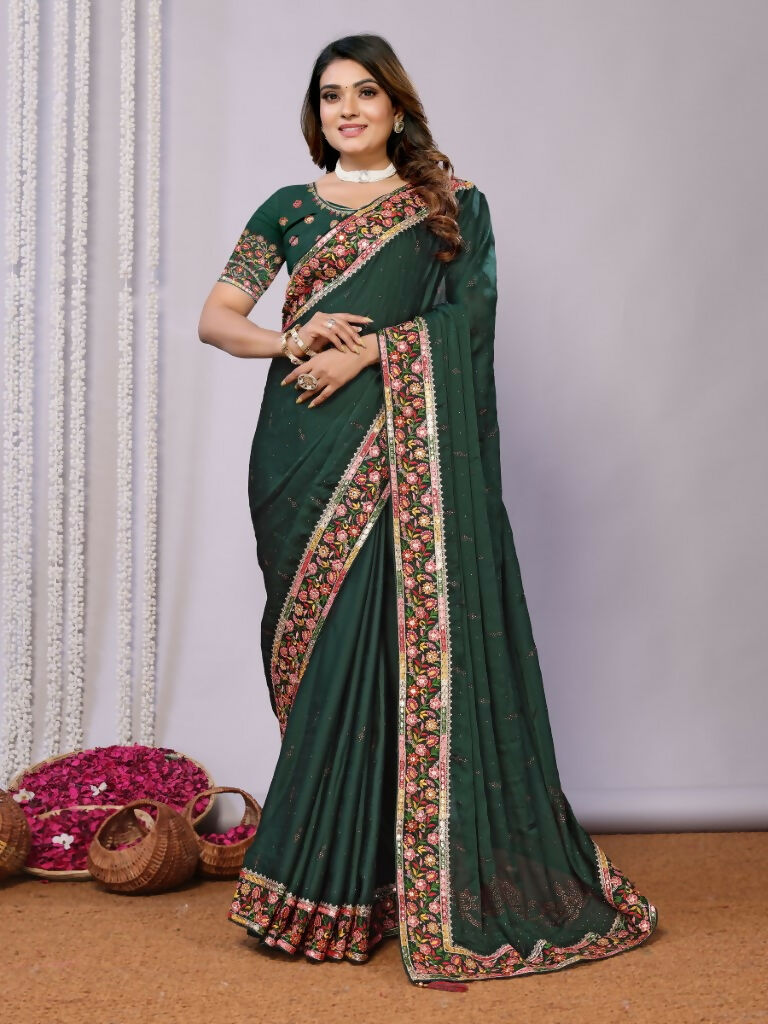 Green Silk Georgette Resham And Zari Embroidery Stone Handwork Saree - Norita Saumya | Grocsy