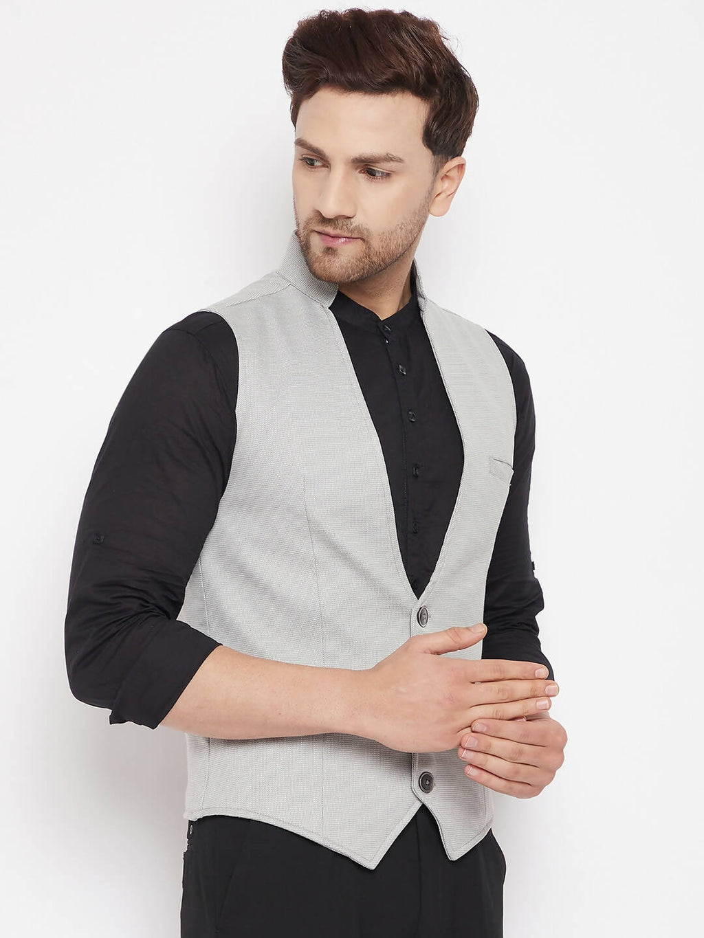 Even Apparels Grey Merino Men Woven Nehru Jacket | Grocsy
