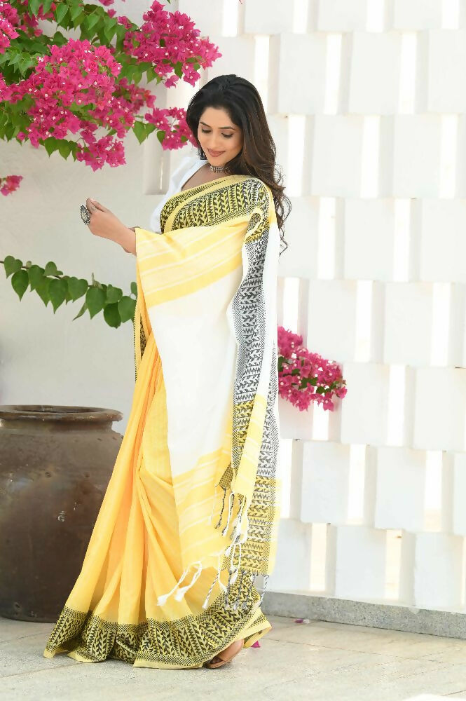 Beatitude Yellow Cotton Jacqaurd Border Tangail Handloom Saree | Grocsy