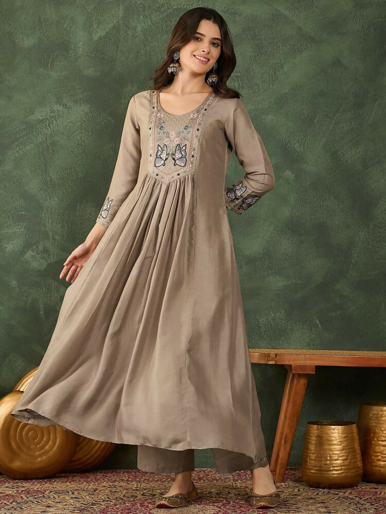 The52 Women's Gorgeous Embroidery Work Vichitra SIlk Fabric Flared Anarkali Pant and Dupatta Set | Grocsy