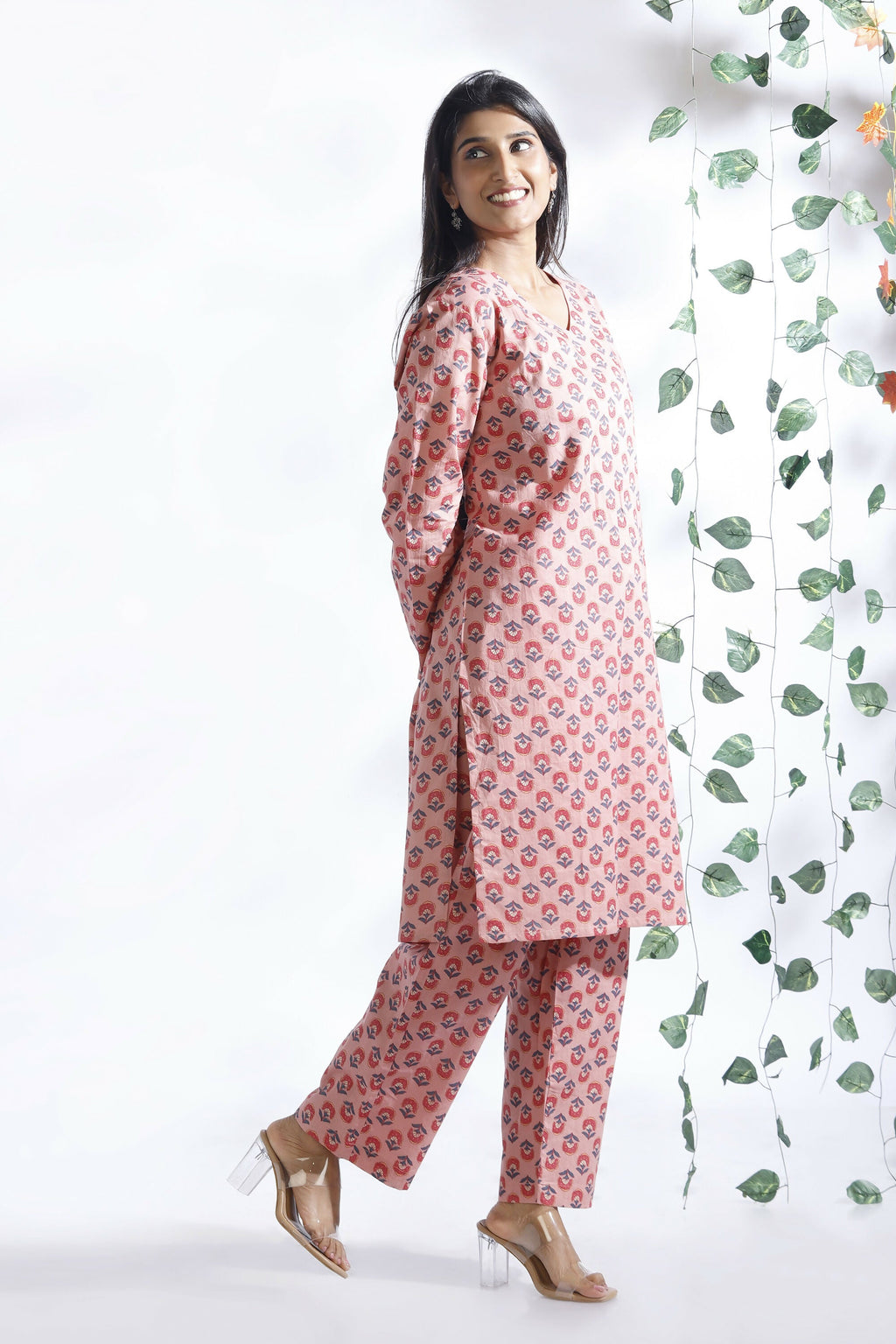 Breathables Women’S Loungewear Long Kurta Co-Ord Set Cotton Pink Indian Motif Butta Print | Grocsy
