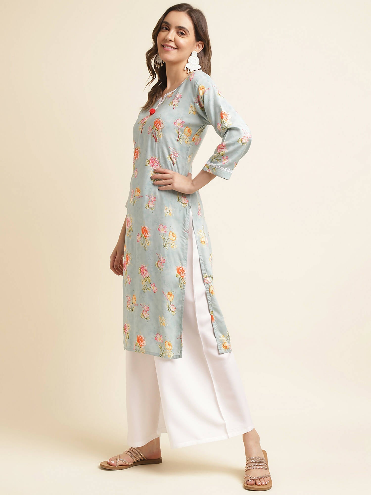 Blue Poly Rayon Floral Printed Straight Kurta - Prasuti | Grocsy