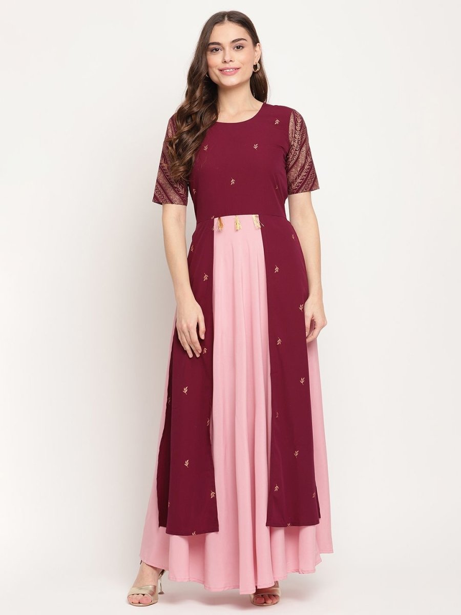 Ahalyaa Women Wine Crepe Glitter Print Dress | Grocsy
