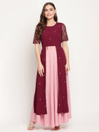 Ahalyaa Women Wine Crepe Glitter Print Dress | Grocsy