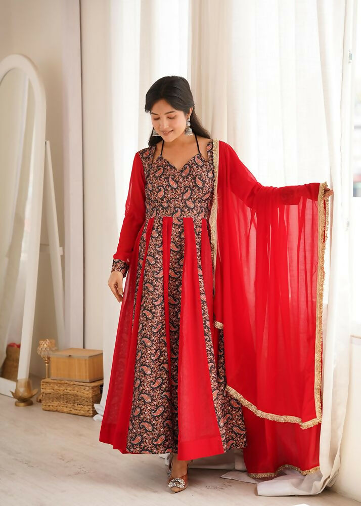 Teeya Creation Women's Red Black Paisley Print Anarkali Gown Set with Dupatta Festive Ethnic Wear | Grocsy