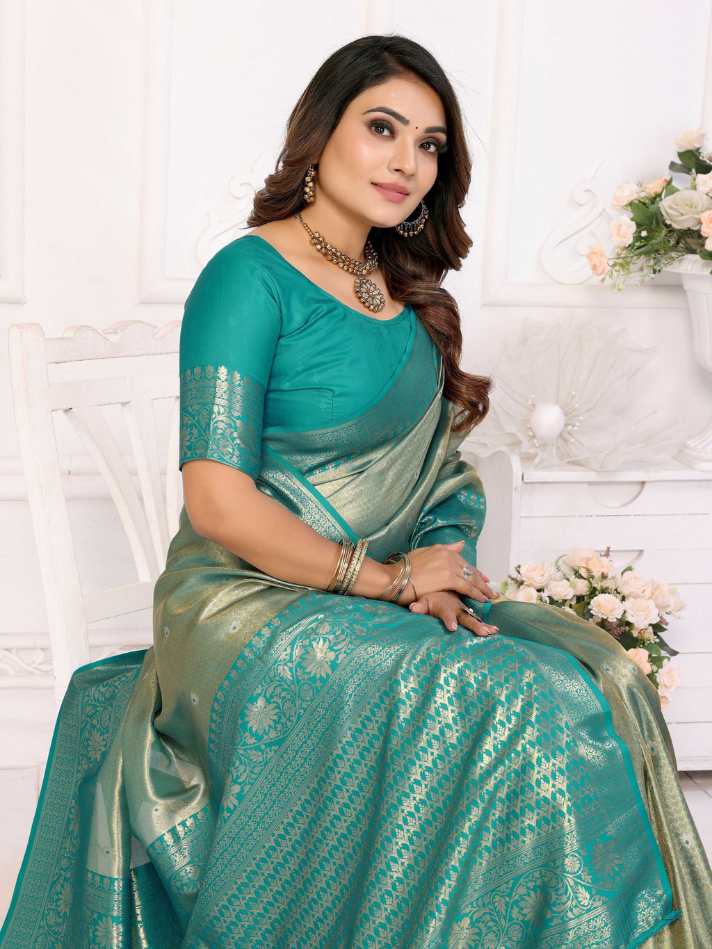 Aastha Fashion Sea Green Tissue Silk Weaving Saree | Grocsy