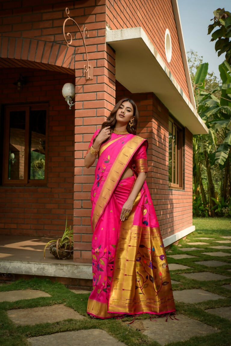 Jyoti Fashion Women's Pink Paithani Silk Zari Woven Saree with Blouse | Grocsy