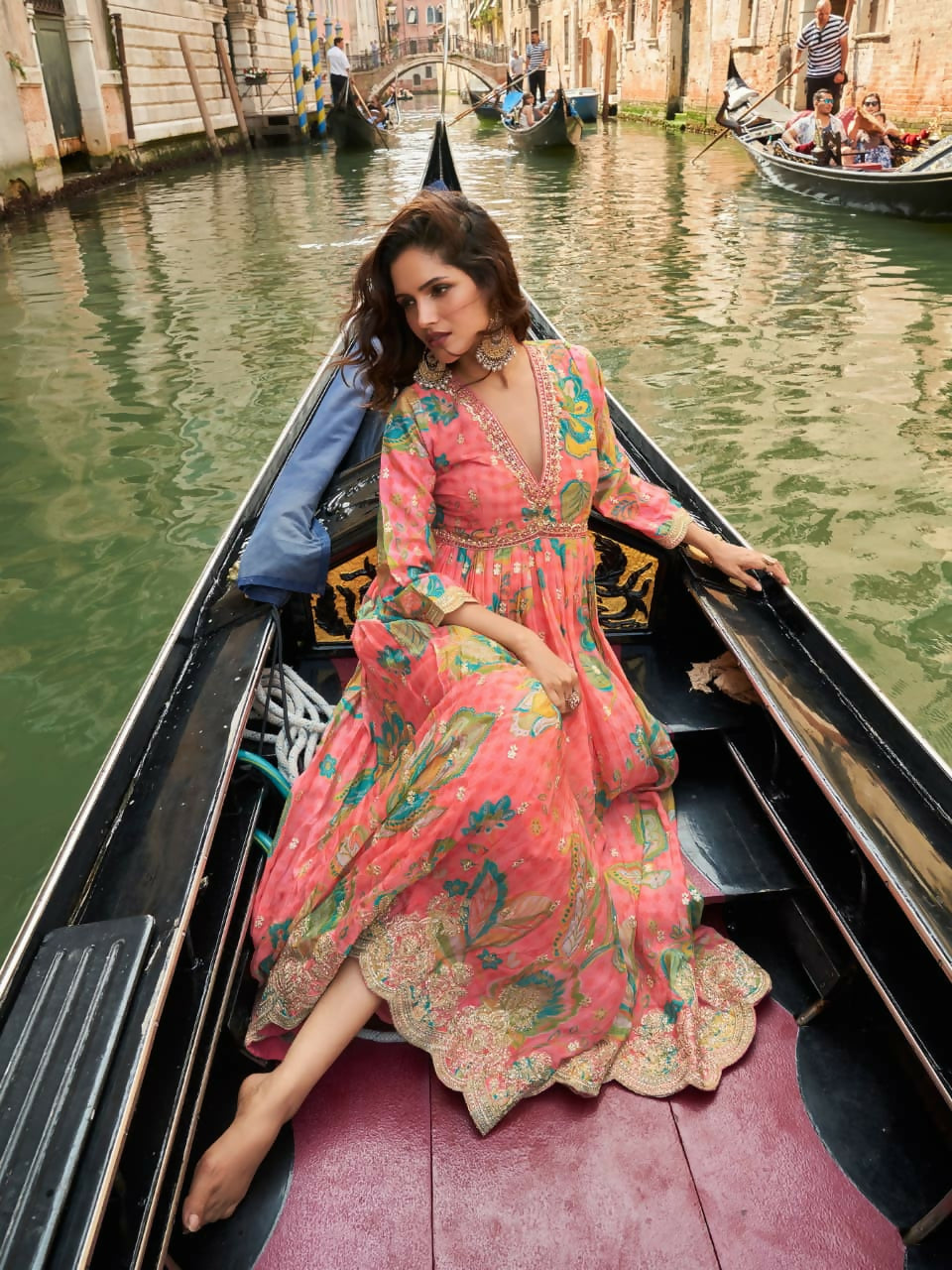 Anaita Pink Chinon Silk Readymade Anarkali Suit with Embroidery Work | Grocsy
