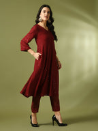 Myshka Women's Maroon Embroidered Cotton A-Line Party Kurta Set With Dupatta | Grocsy
